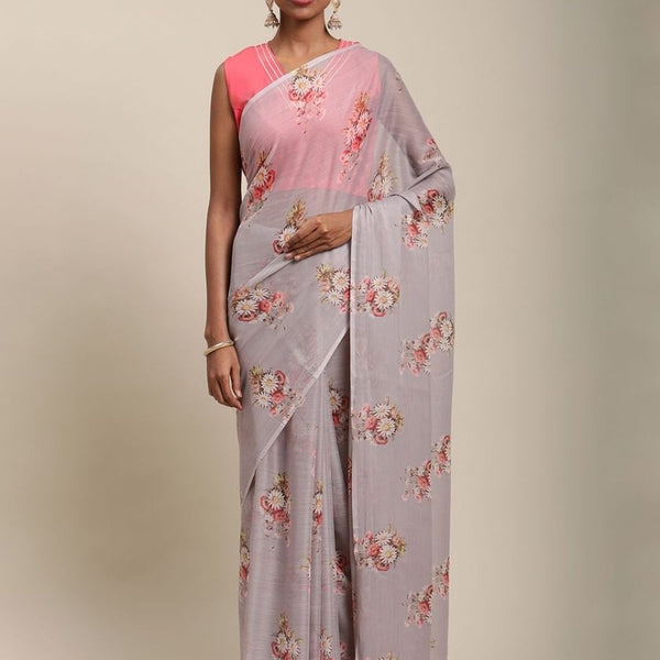 Ahalyaa Women's Grey Chiffon Floral Digital Print Saree - Distacart
