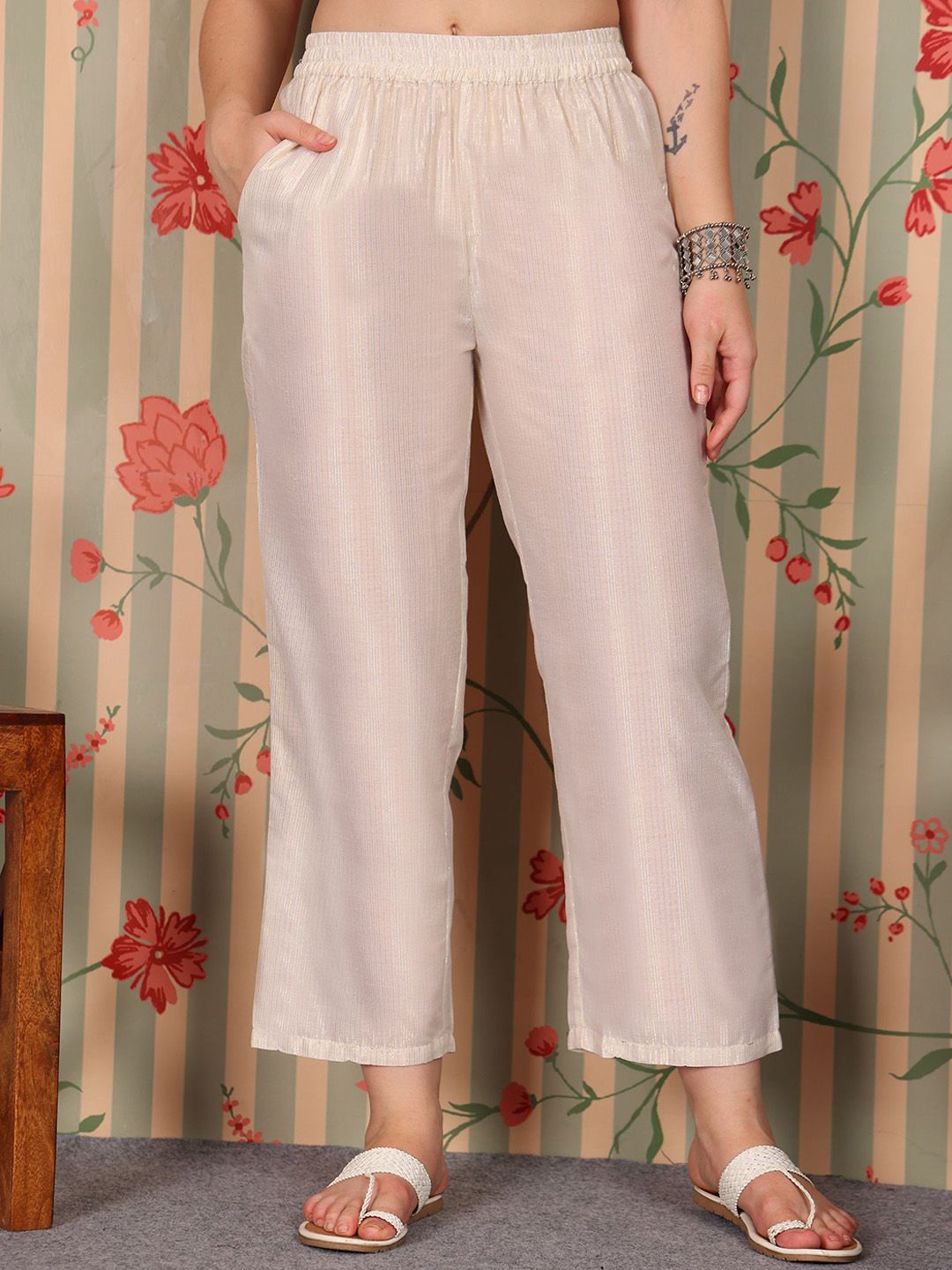 Ode by House of Pataudi Striped V-Neck Pure Cotton Kurta with Trousers & Dupatta - Distacart