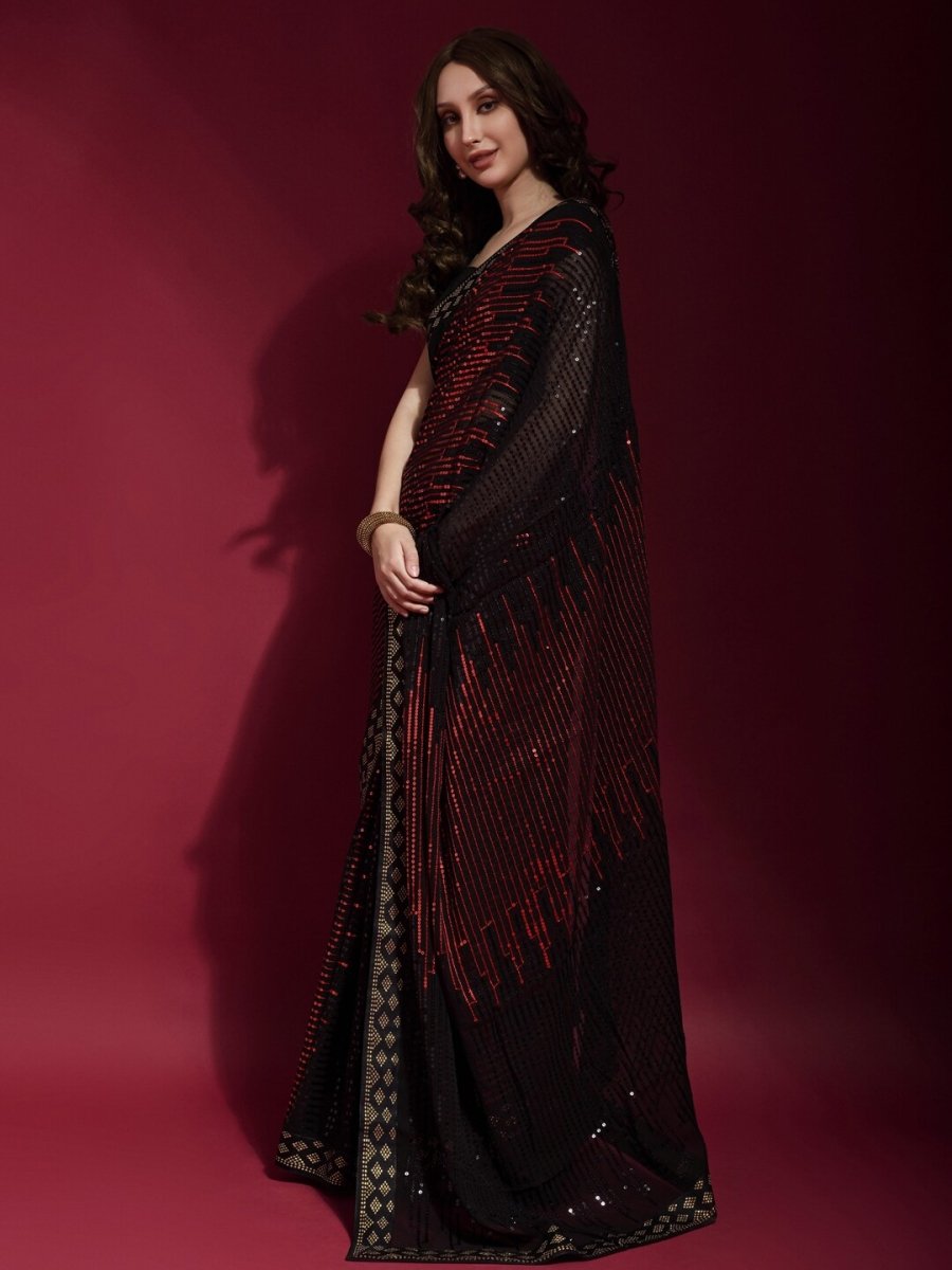 Anouk Black & Red Embellished Sequinned Pure Georgette Saree - Distacart