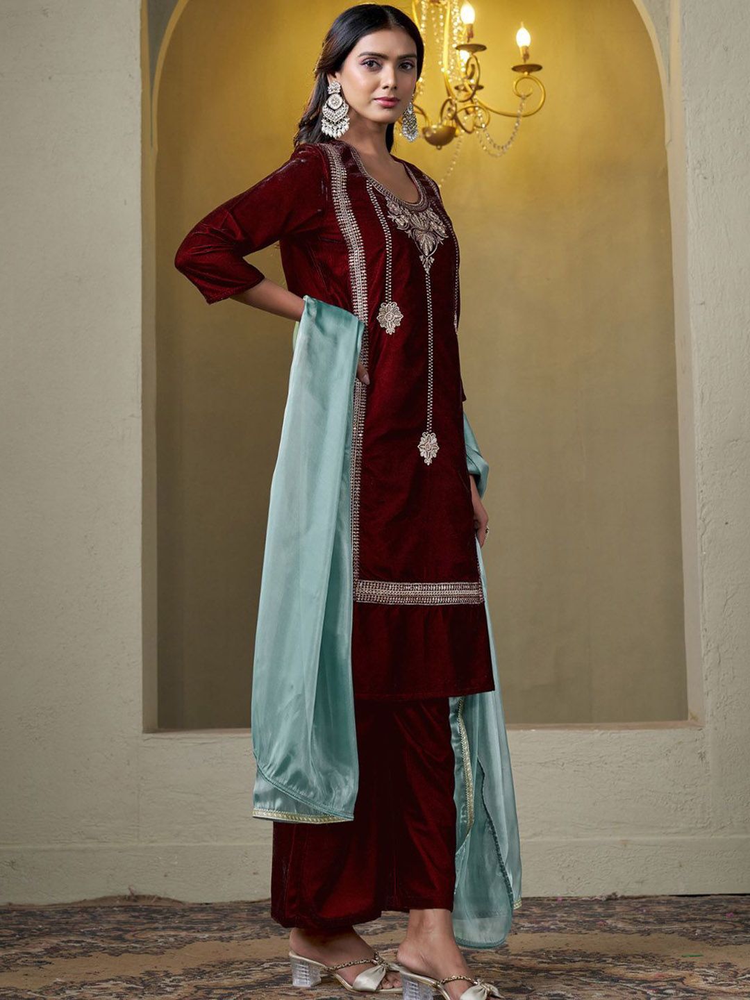 Sangria Floral Embroidered Round Neck Straight Velvet Kurta With Trousers & Dupatta
