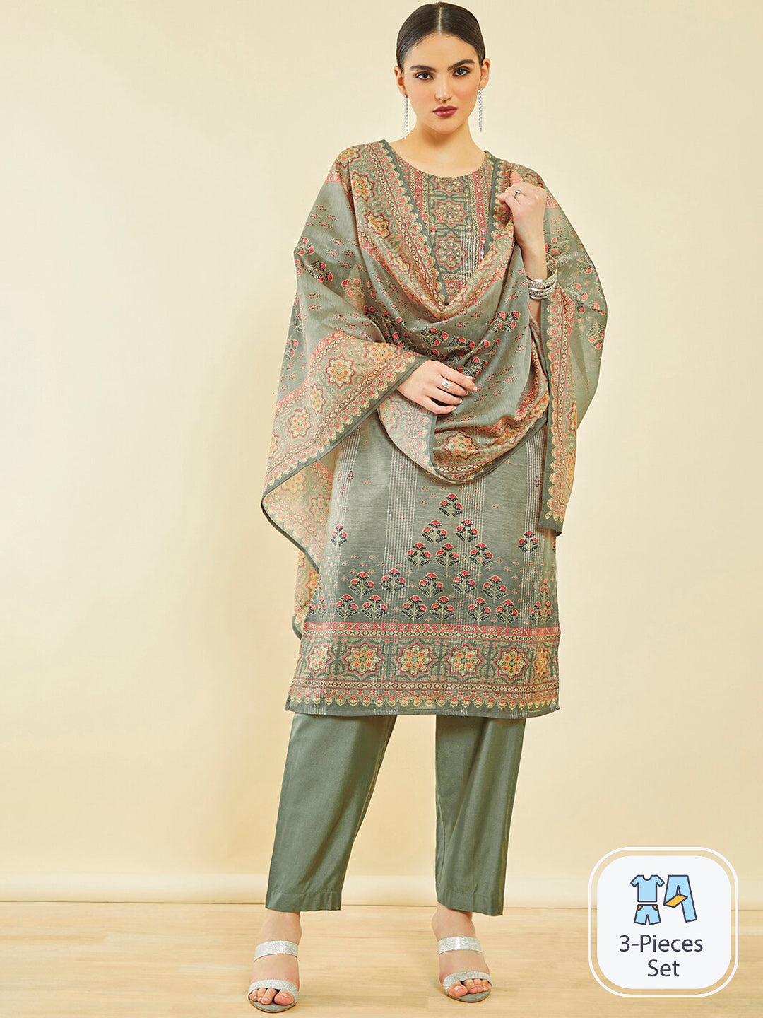 Soch Ethnic Motifs Printed Sequinned Thread Work Kurta with Trousers & Dupatta - Distacart