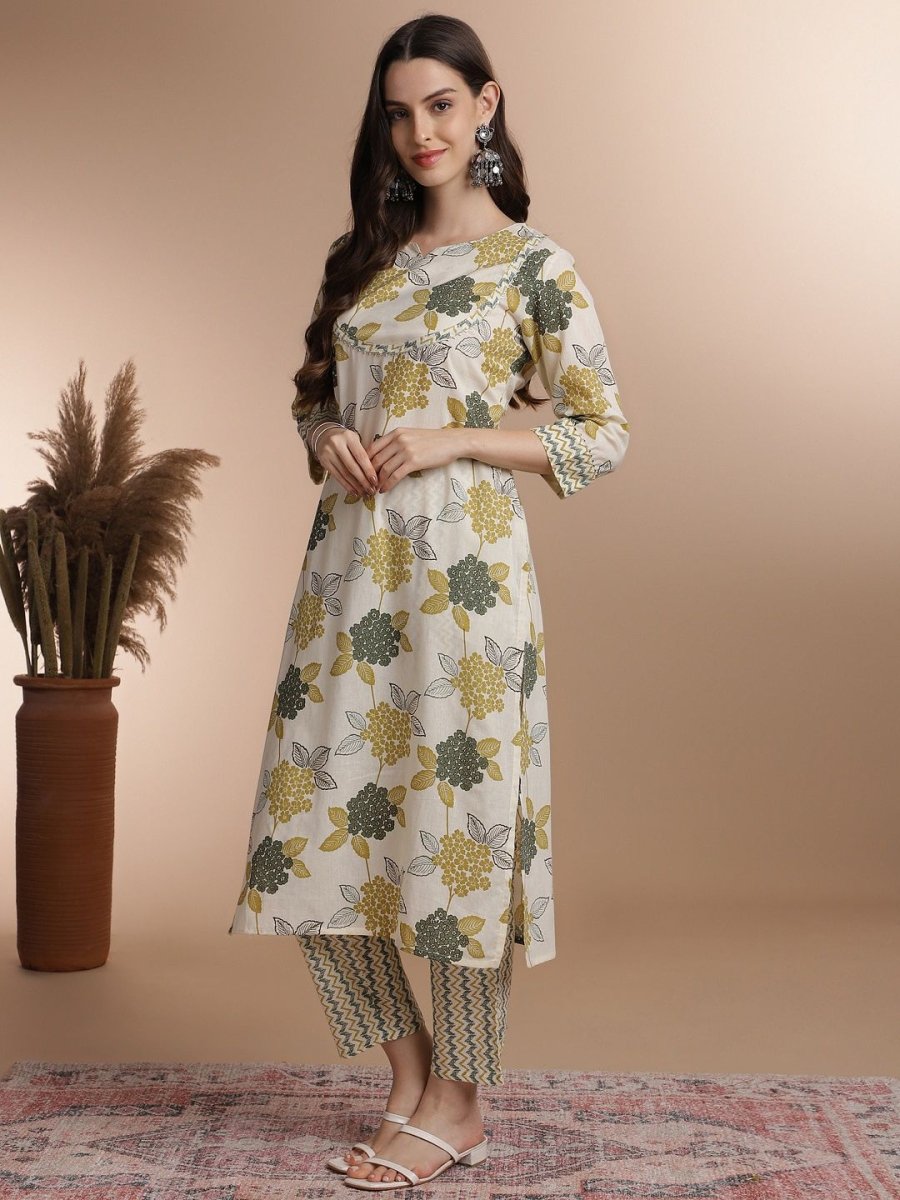Anouk Off White Floral Printed Gotta Patti Detail Pure Cotton Straight Kurta With Trouser - Distacart