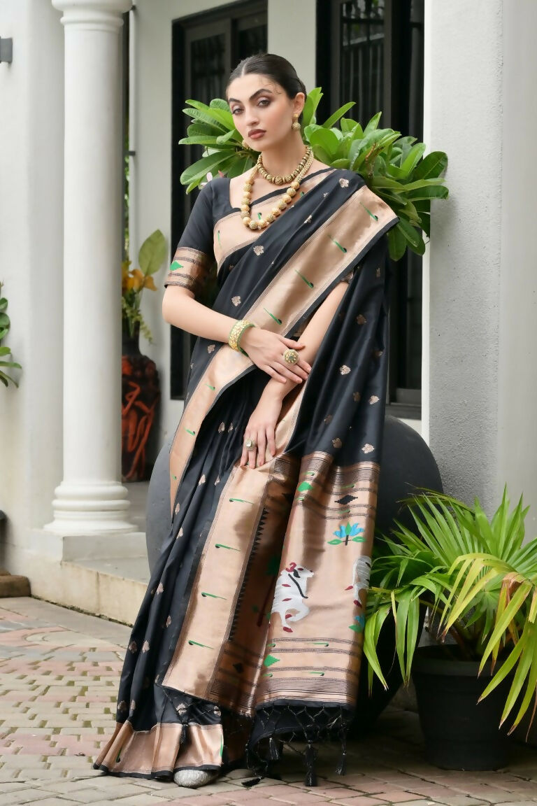 Vishnu Weaves Women's Black Paithani Silk Zari Woven Saree with Blouse
