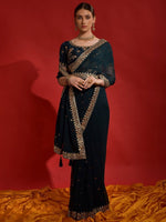 Thumbnail for Anouk Teal & Gold-Toned Embellished Embroidered Pure Georgette Saree - Distacart