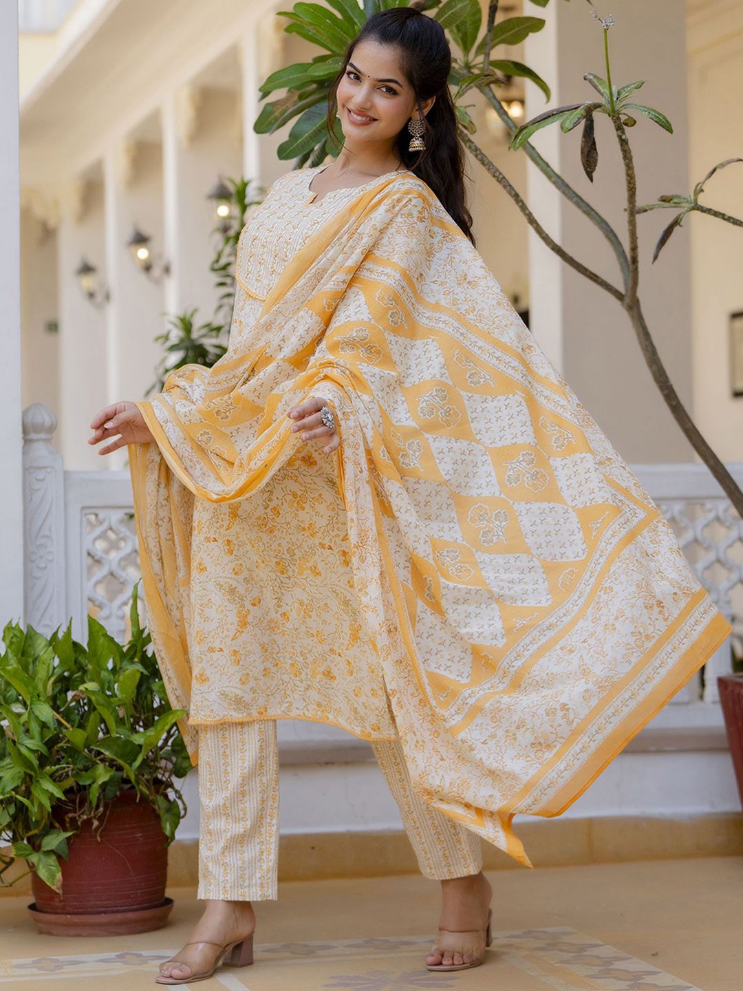 Anouk Women Floral Printed Regular Aari Work Pure Cotton Kurta with Palazzos & With Dupatta