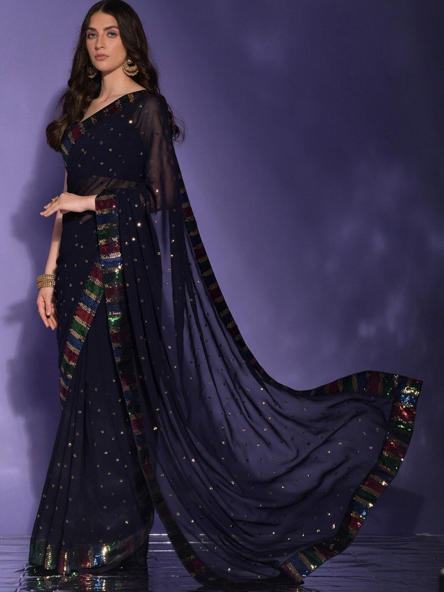 Anouk Navy Blue & Gold-Toned Floral Sequinned Pure Georgette Saree - Distacart