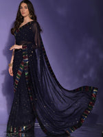 Thumbnail for Anouk Navy Blue & Gold-Toned Floral Sequinned Pure Georgette Saree - Distacart