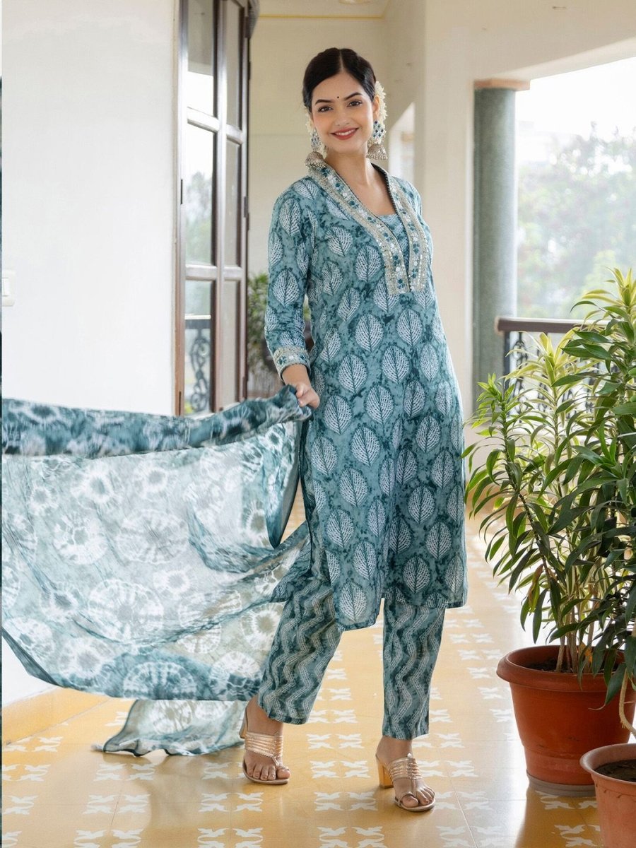 Anouk Floral Embroidered Empire Thread Work Pure Cotton Kurta with Trousers & Dupatta
