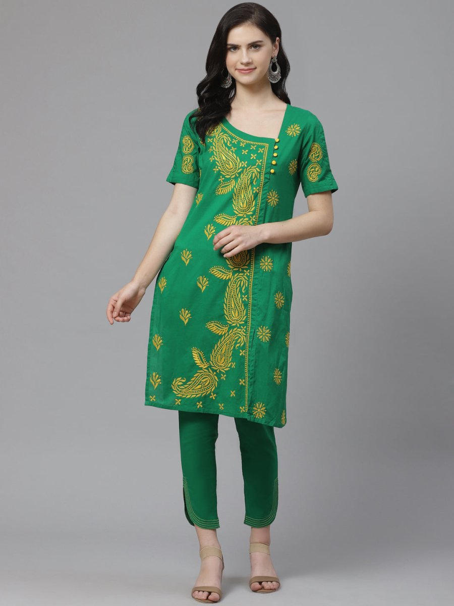 ADA Women Green & Yellow Paisley Chikankari Embroidered Sustainable Handloom Kurta with Trousers - Distacart