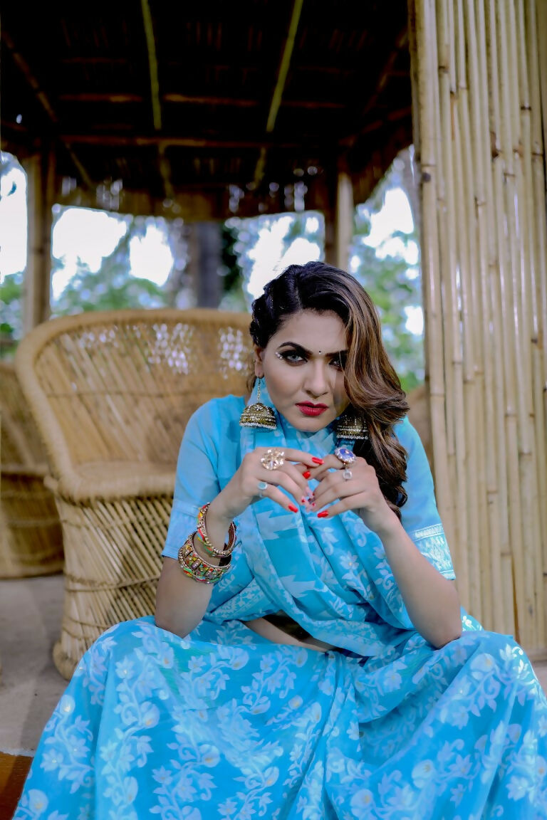 Partywear Designer Sky Blue Jamdani contton Fancy Saree - Starwalk - Distacart