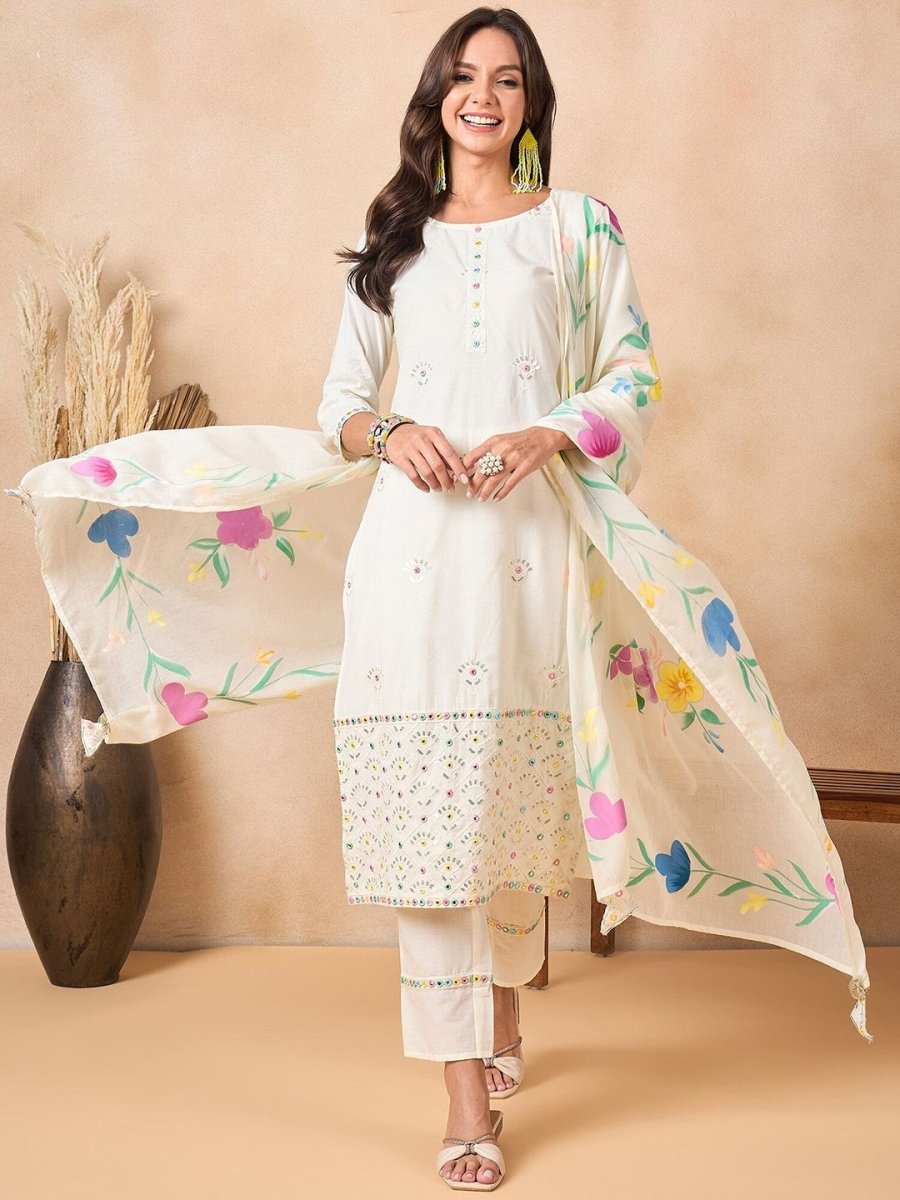 Anouk Women Floral Embroidered Regular Thread Work Pure Cotton Kurta with Trousers & With Dupatta - Distacart