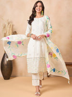 Thumbnail for Anouk Women Floral Embroidered Regular Thread Work Pure Cotton Kurta with Trousers & With Dupatta