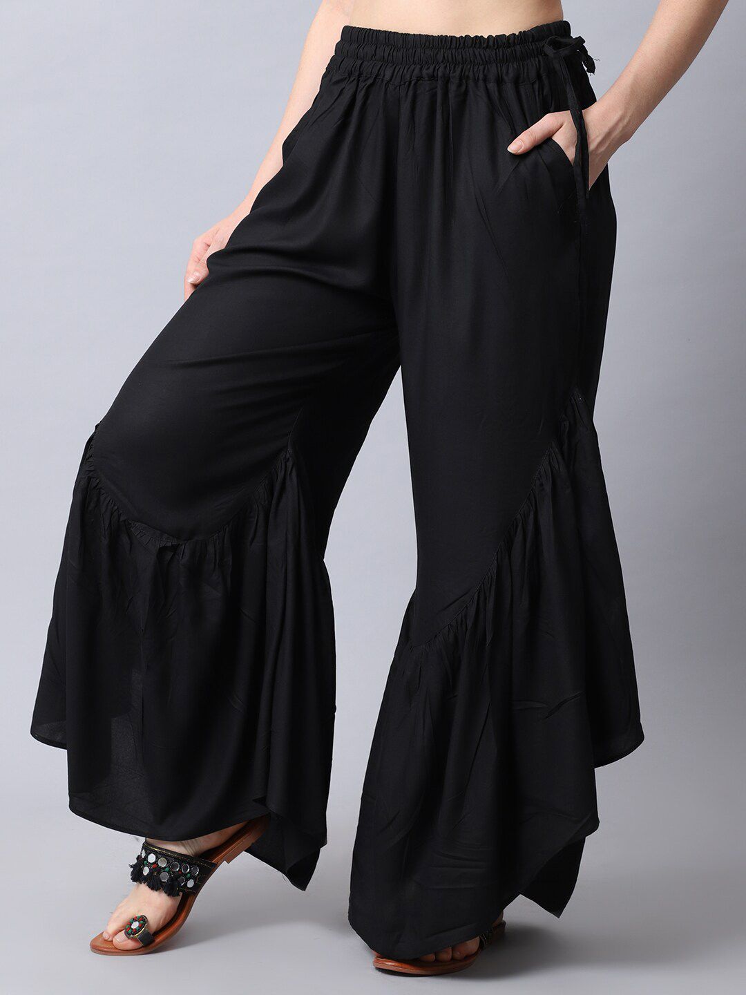 TAG 7 Women Black Flared Ethnic Palazzos - Distacart