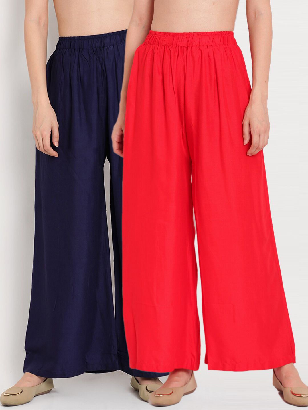 TAG 7 Women Red & Navy Blue Set of 2 Flared Ethnic Palazzos - Distacart