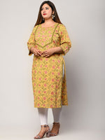 Thumbnail for Swasti Women Yellow Floral Printed Flared Sleeves Thread Work Floral Kurta