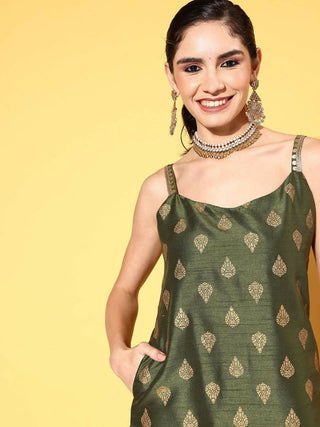 Ahalyaa Women's Olive Colour Poly Silk Gold Printed Kurta Pant Set - Distacart