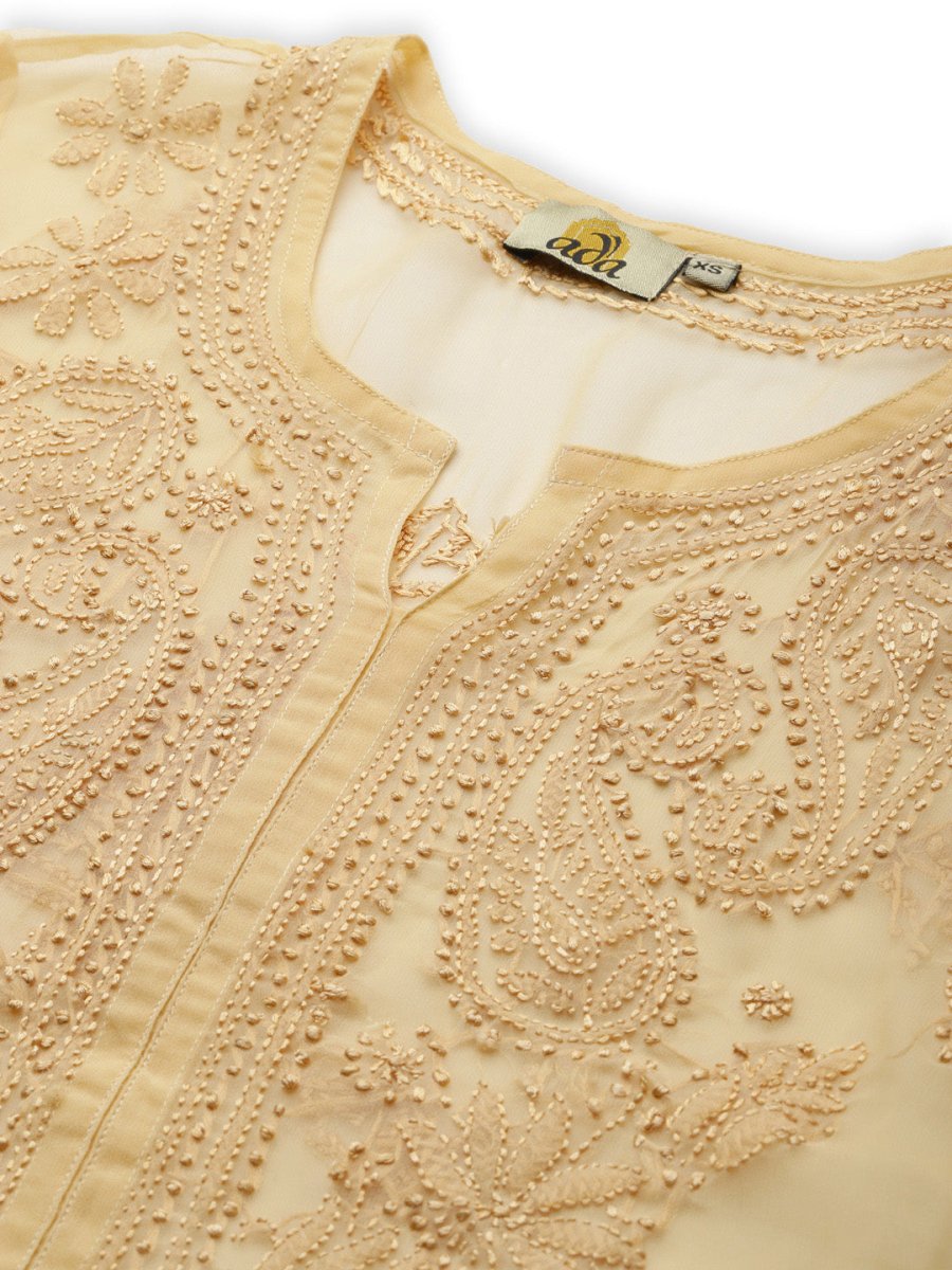 ADA Women Beige & Black Ethnic Motifs Embroidered Chikankari Handloom Kurta with Trousers & Inner - Distacart
