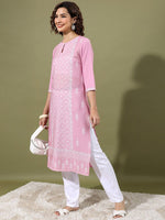 Thumbnail for Vishudh Pink Floral Printed Keyhole Neck Straight Kurta