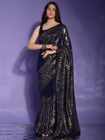 Thumbnail for Anouk Navy Blue & Silver-Toned Embellished Sequinned Pure Georgette Saree - Distacart