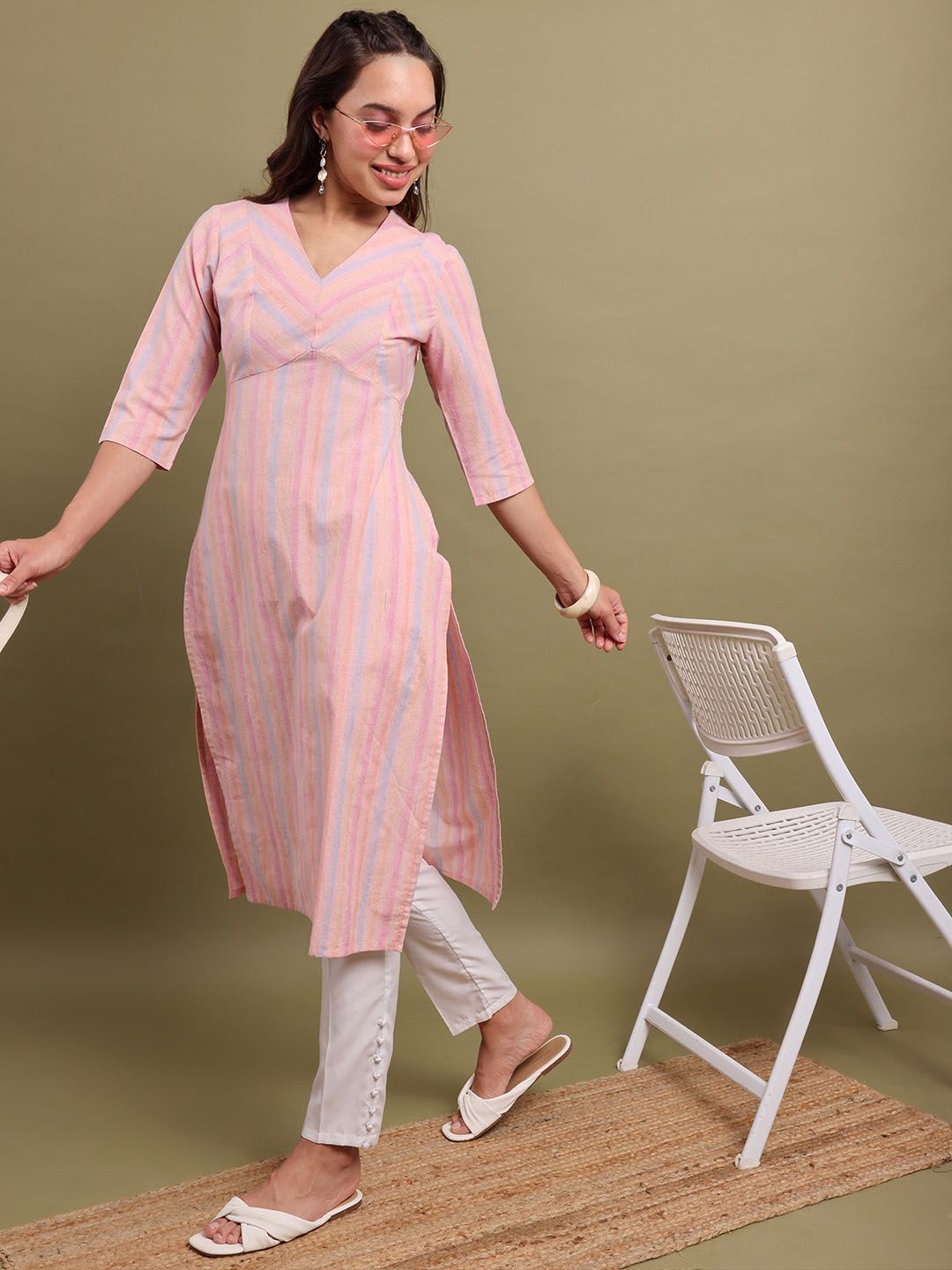 Vishudh Striped V-Neck Cotton Kurta