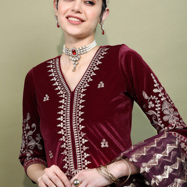 Vishudh Women Embroidered Knitted Velvet Kurta with Trousers & With Dupatta - Distacart