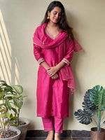 Thumbnail for Kalini Thread Work V-Neck Straight Kurta with Trousers & With Dupatta - Distacart