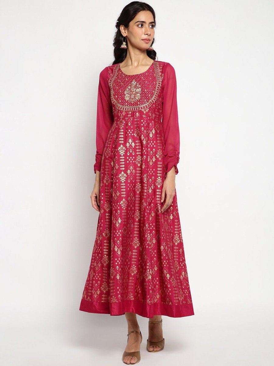 AURELIA Printed Ethnic Motifs Satin Maxi Ethnic Dress - Distacart