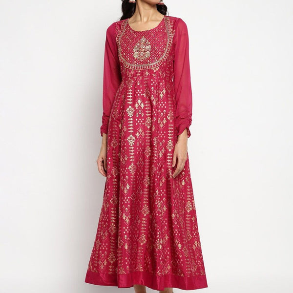 AURELIA Printed Ethnic Motifs Satin Maxi Ethnic Dress - Distacart