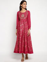 Thumbnail for AURELIA Printed Ethnic Motifs Satin Maxi Ethnic Dress