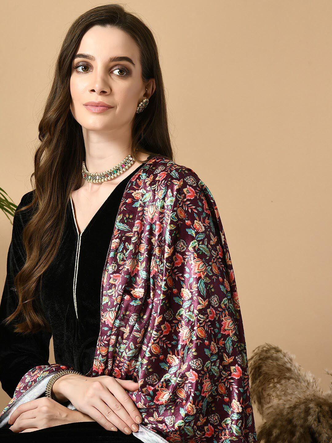 Sangria Maroon V-Neck Straight Velvet Kurta with Trousers With Dupatta - Distacart