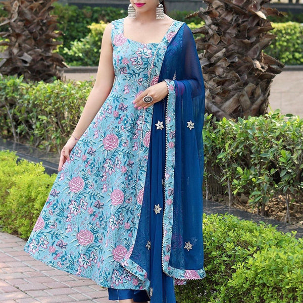 Kalini Floral Printed Anarkali Kurta With Trousers & Dupatta - Distacart