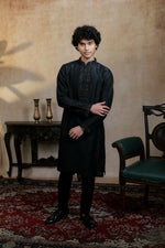 Thumbnail for Falling Raw Silk Black Kajal Phool Kurta Set By Hilo Design