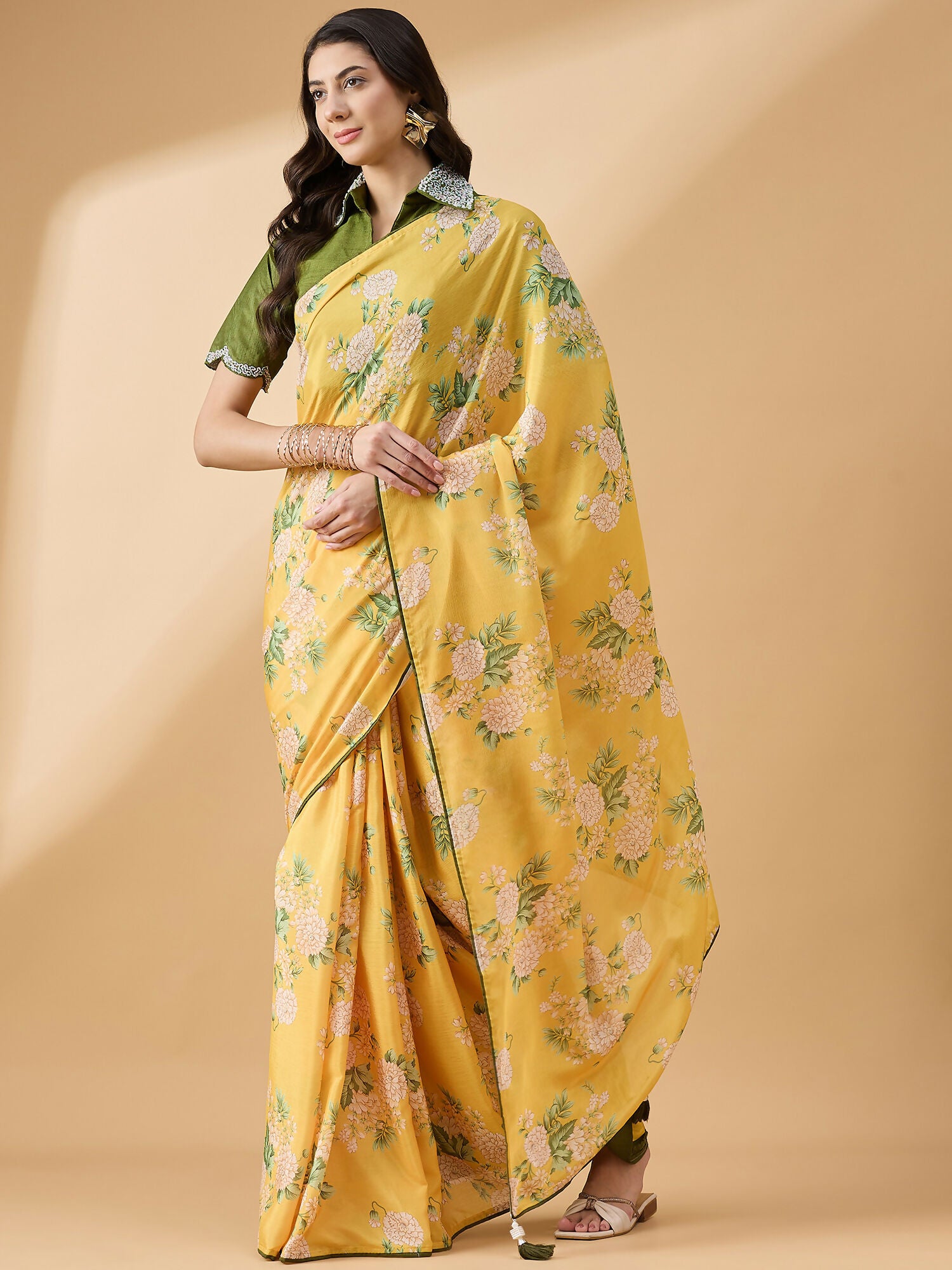 Mustard Chiffon Floral Printed Saree with Stitched Blouse - Dharavi - Distacart