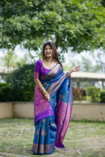 Thumbnail for Vishnu Weaves Women's Blue Banarasi Silk Saree with Blouse - Distacart