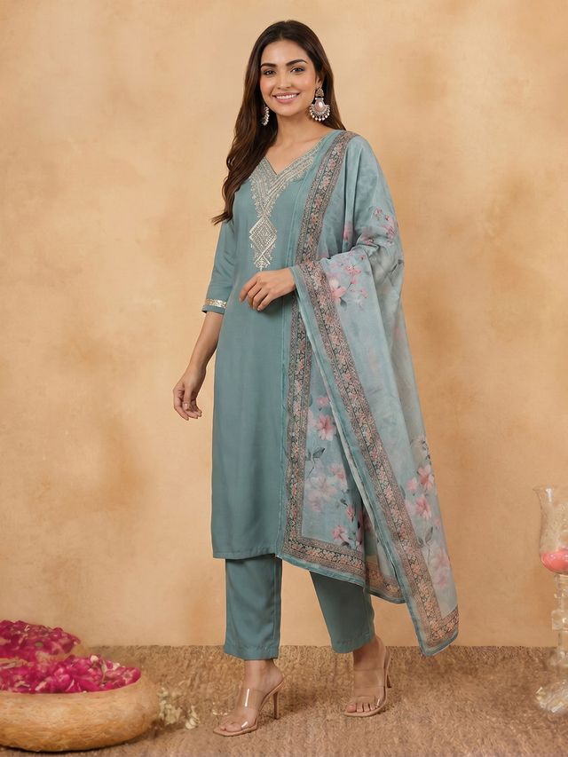 Janasya Sage Straight Rayon Top, Bottom & Dupatta - Dista