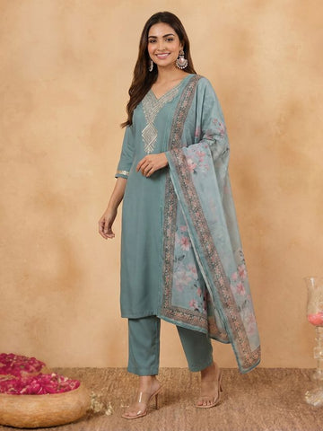 Janasya Sage Straight Rayon Top, Bottom & Dupatta - Dista