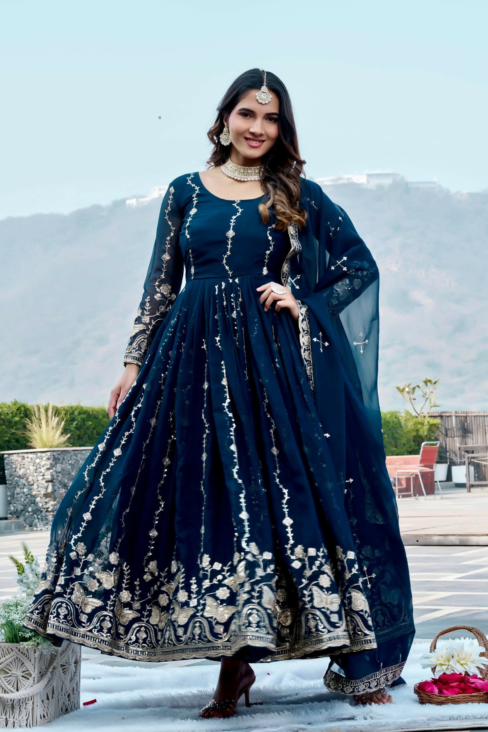 Teeya Creation Womens New Trendy Heavy Cording Sequence & Beads Embroidery Work Teal Gown Set - Dista