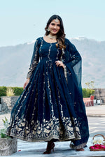 Thumbnail for Teeya Creation Womens New Trendy Heavy Cording Sequence & Beads Embroidery Work Teal Gown Set - Dista