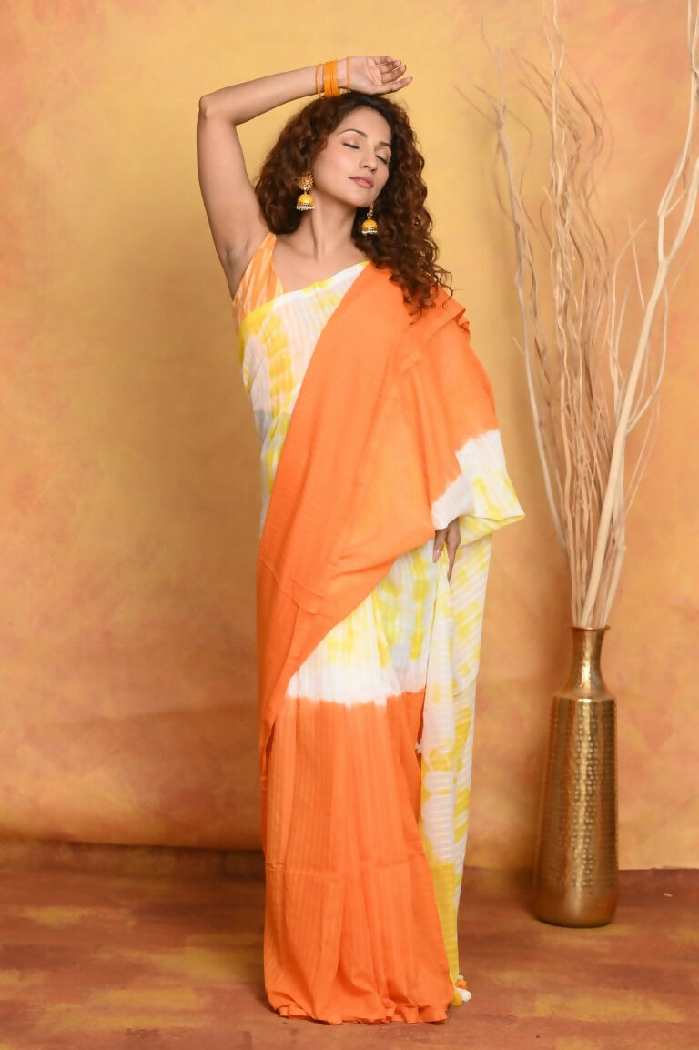 Very Much Indian Tie & Dye Handloom Mul Cotton Saree - Orange Yellow - Distacart