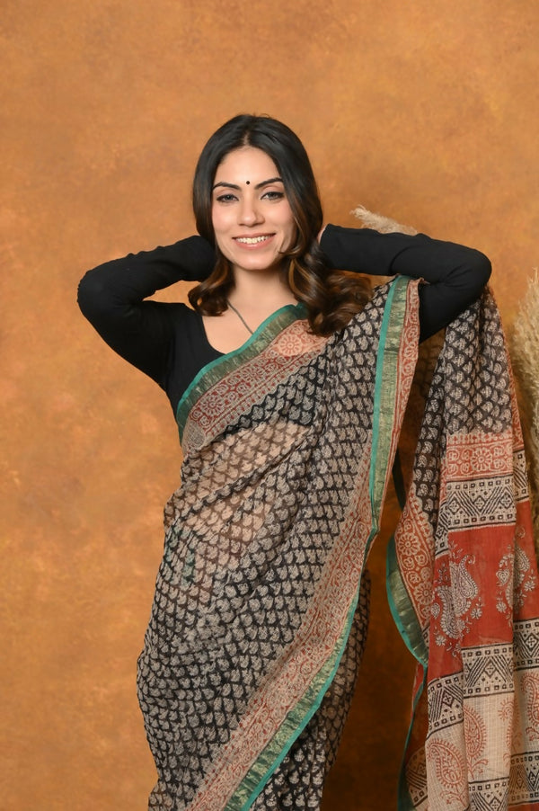 Very Much Indian Handloom Pure Kota Cotton Handblock Printed Saree - Cerulean Print - Distacart