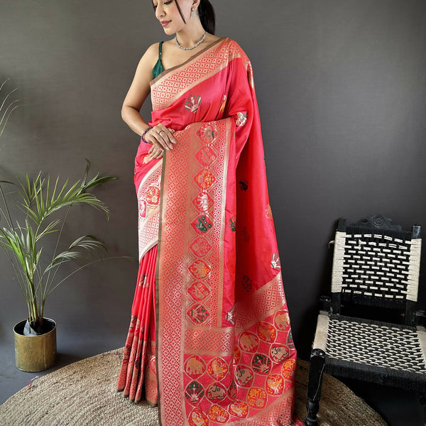 Joban Fashion Peach Elephant & Floral Motifs Soft Lichi Silk Banarasi Saree - Distacart