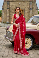Thumbnail for Vastranavya Red Embroidery Work Shimmer Chiffon Saree with Unstitched Blouse