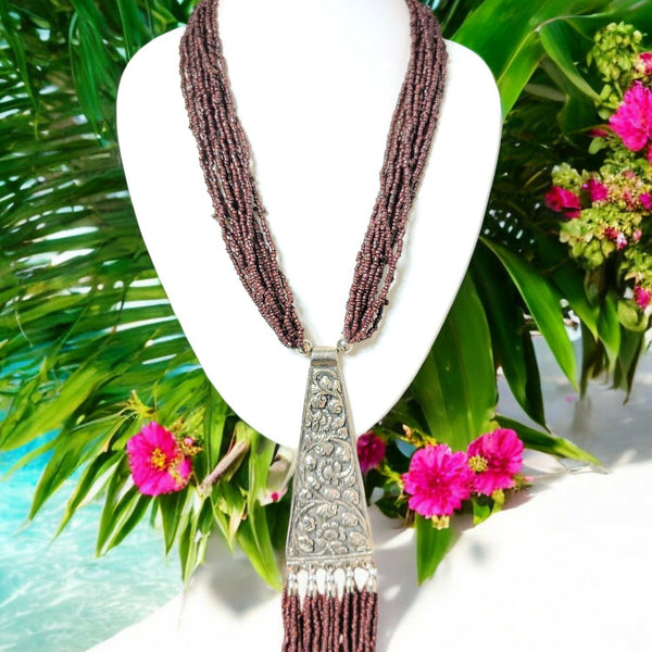 Inhanns Day-To-Dinner Tie Shaped Oxidized Black Metal Multi-Layered Long Only Necklace - Coffee Necklace - Distacart