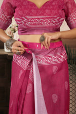 Thumbnail for Joban Fashion Pink Floral Linen Ready To Wear Saree With Unstitched Blouse - Distacart