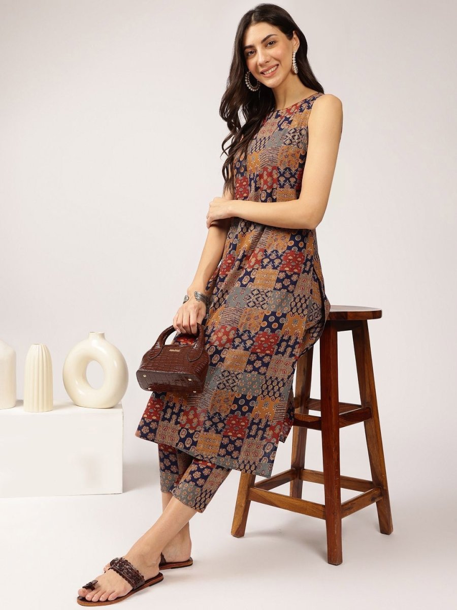 Anouk Navy Blue Floral Printed Pure Cotton Straight Kurta With Trousers - Distacart