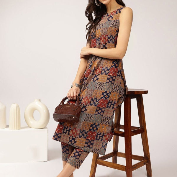 Anouk Navy Blue Floral Printed Pure Cotton Straight Kurta With Trousers - Distacart