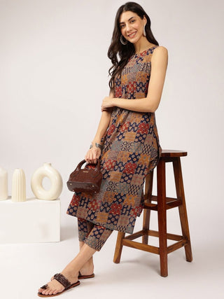 Anouk Navy Blue Floral Printed Pure Cotton Straight Kurta With Trousers - Distacart