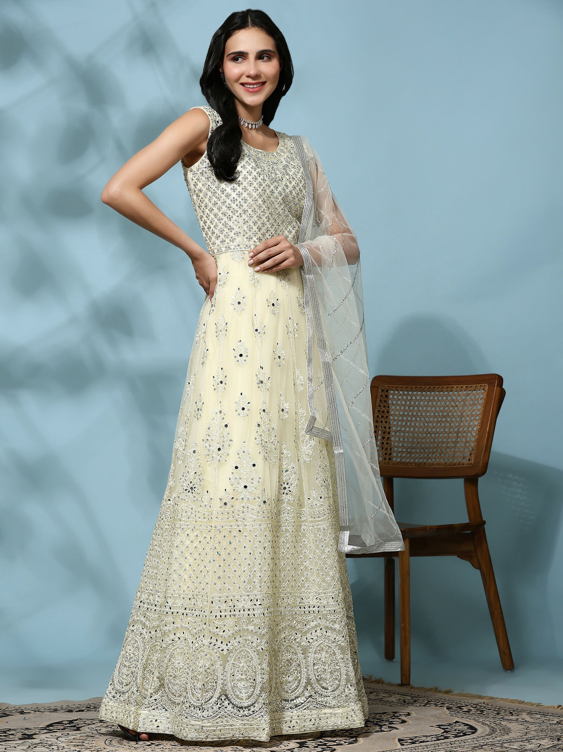 Yellow Net Hand Embroidered Gown - Rudrani - Distacart