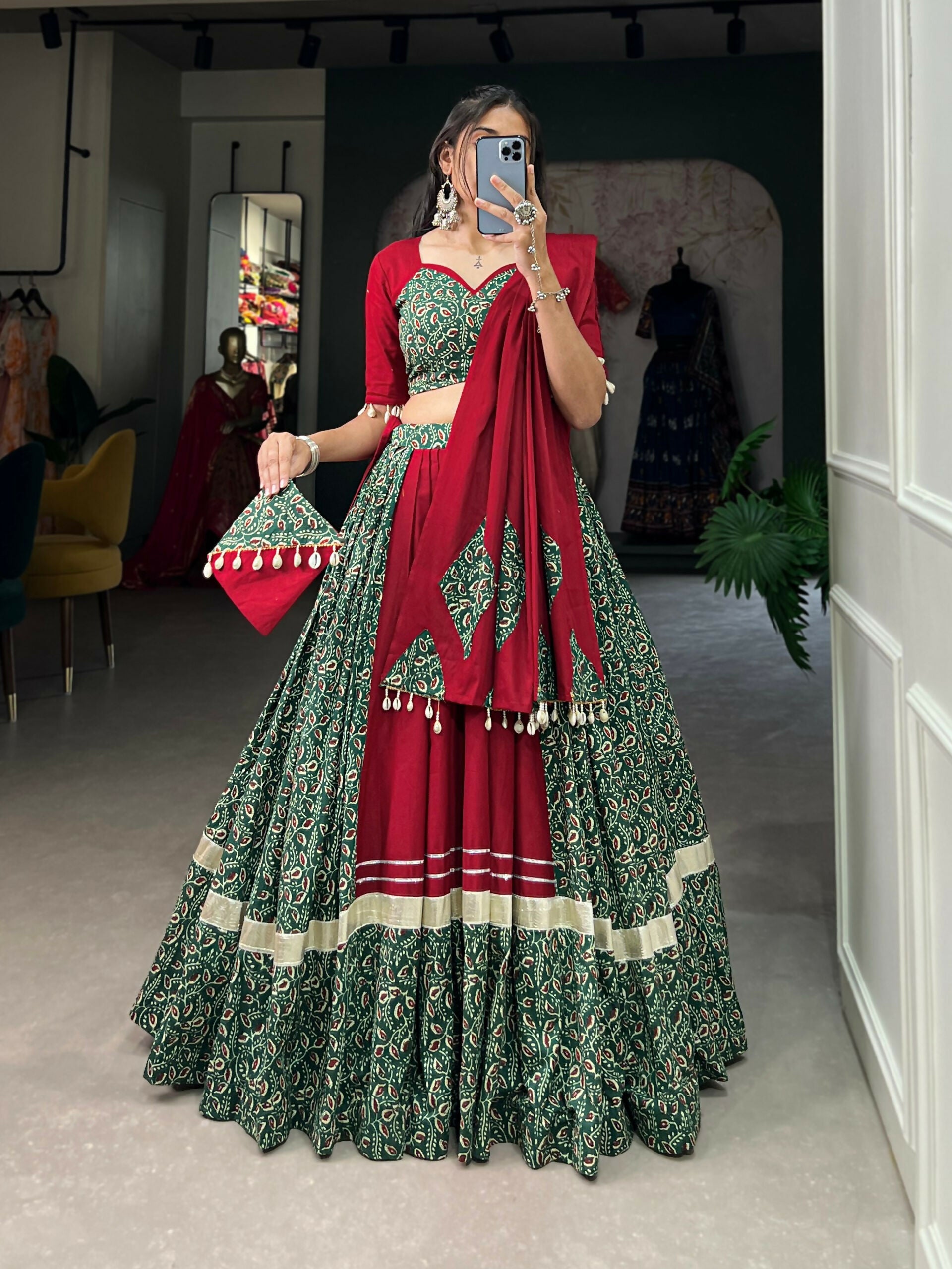 Vastranavya Navaratri Special Pure Cotton Printed With Gota Patti And Lace Touch Up Lehenga with Stitched Choli - Green - Distacart