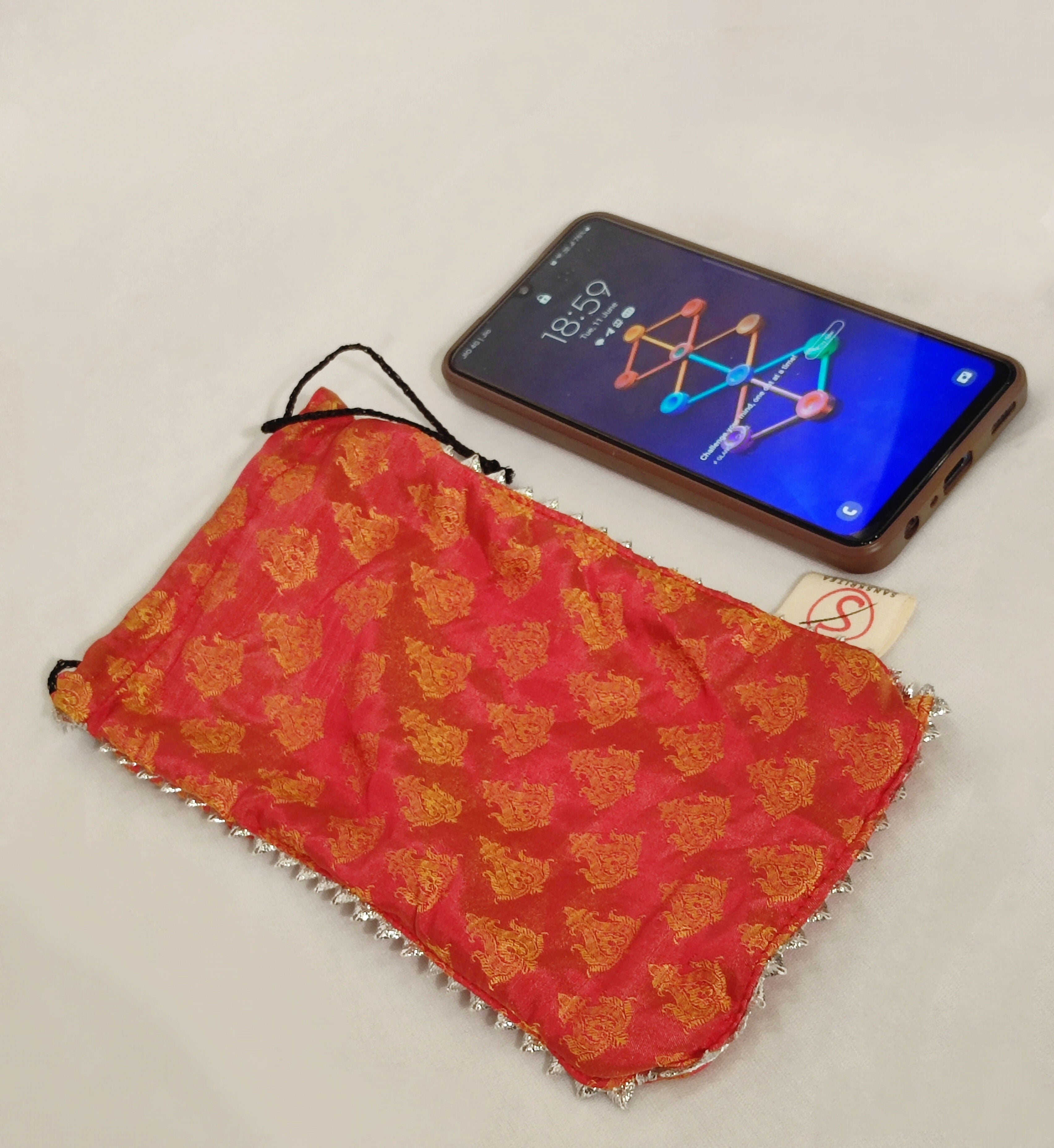 Sanskritea Brocade Drawstring Mobile Pouch - yellow - Distacart
